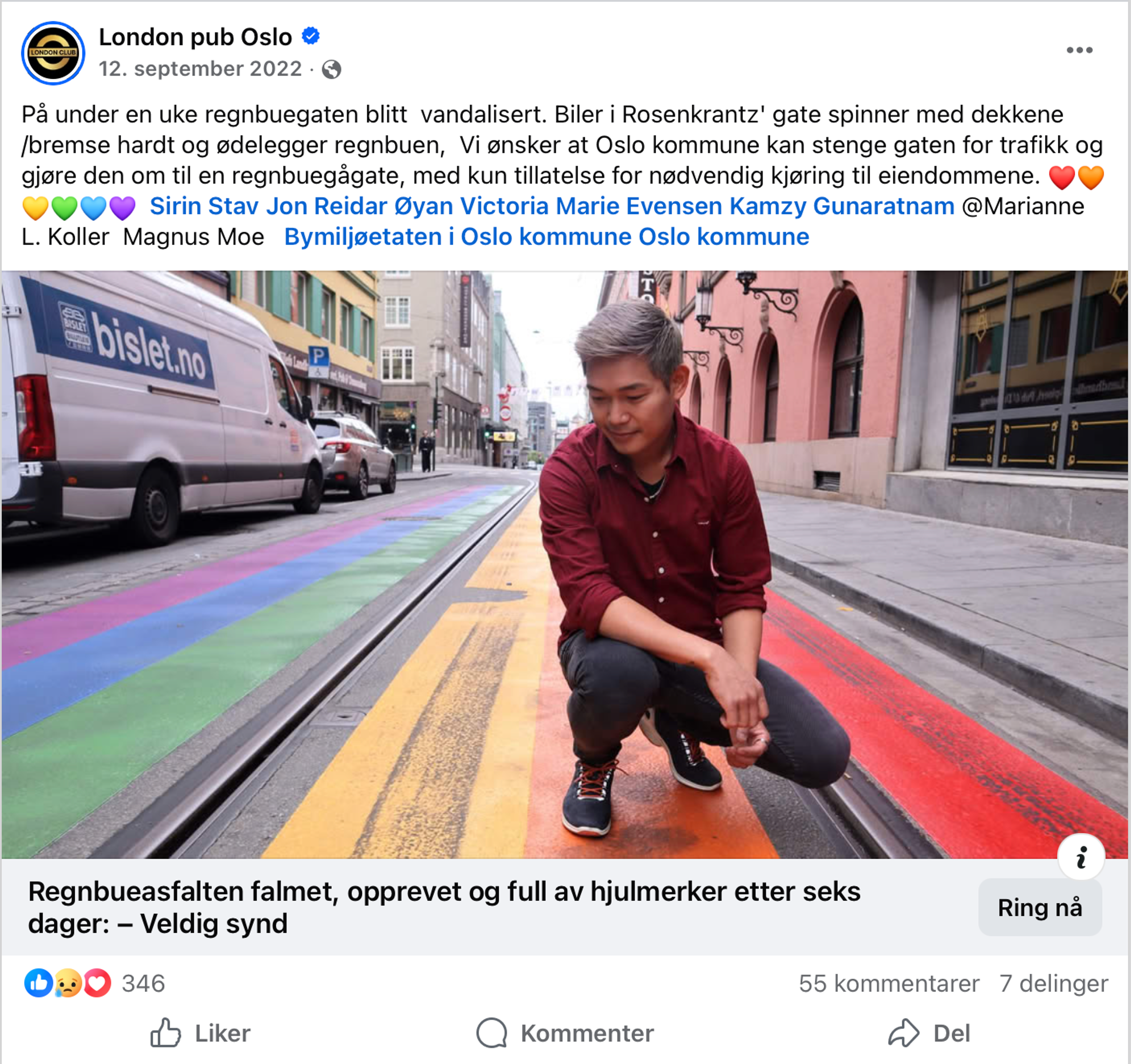 Facebook-post fra London Pub med lenke til sak i Avisa Oslo. Bildet til saken viser en mann på huk over en nedslitt regnbuegate med hjulspor.