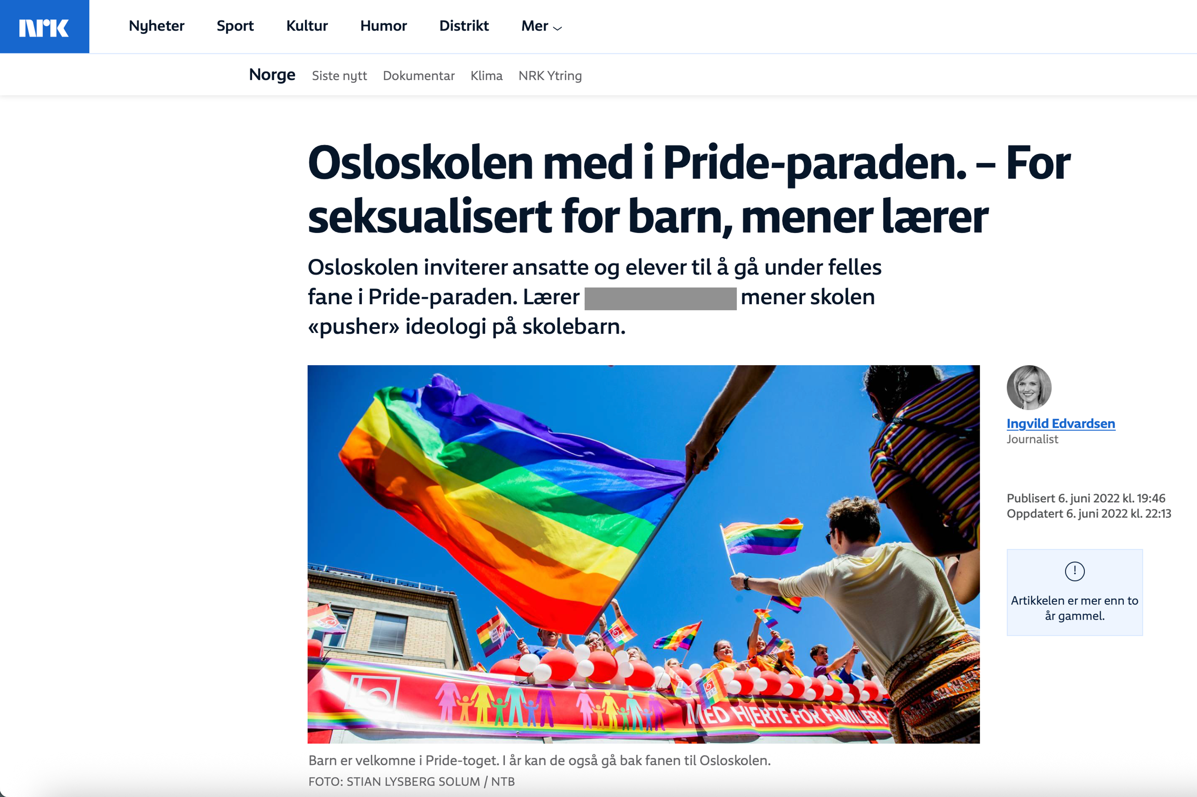 Faksimile av NRK-artikkel med tittel: med overskriften «Osloskolen med i Pride-paraden – For seksualisert for barn, mener lærer».
