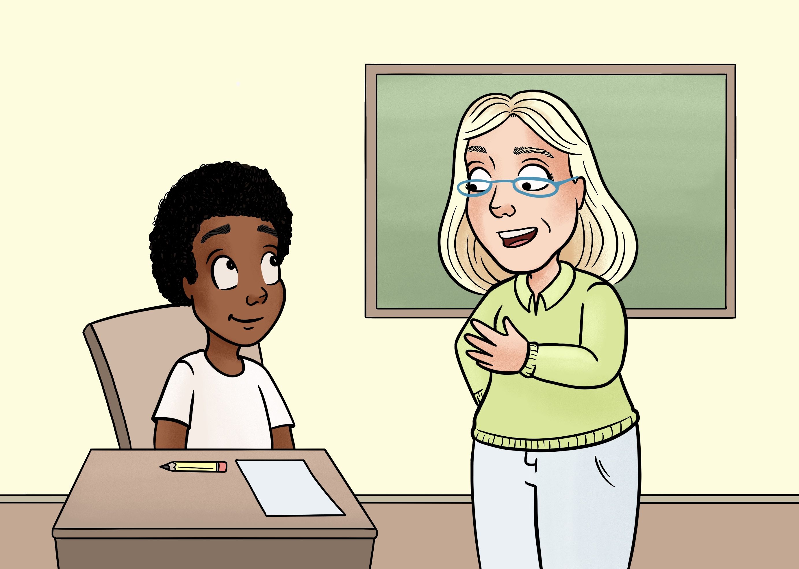 Tegning av en lærer og en elev i et klasserom