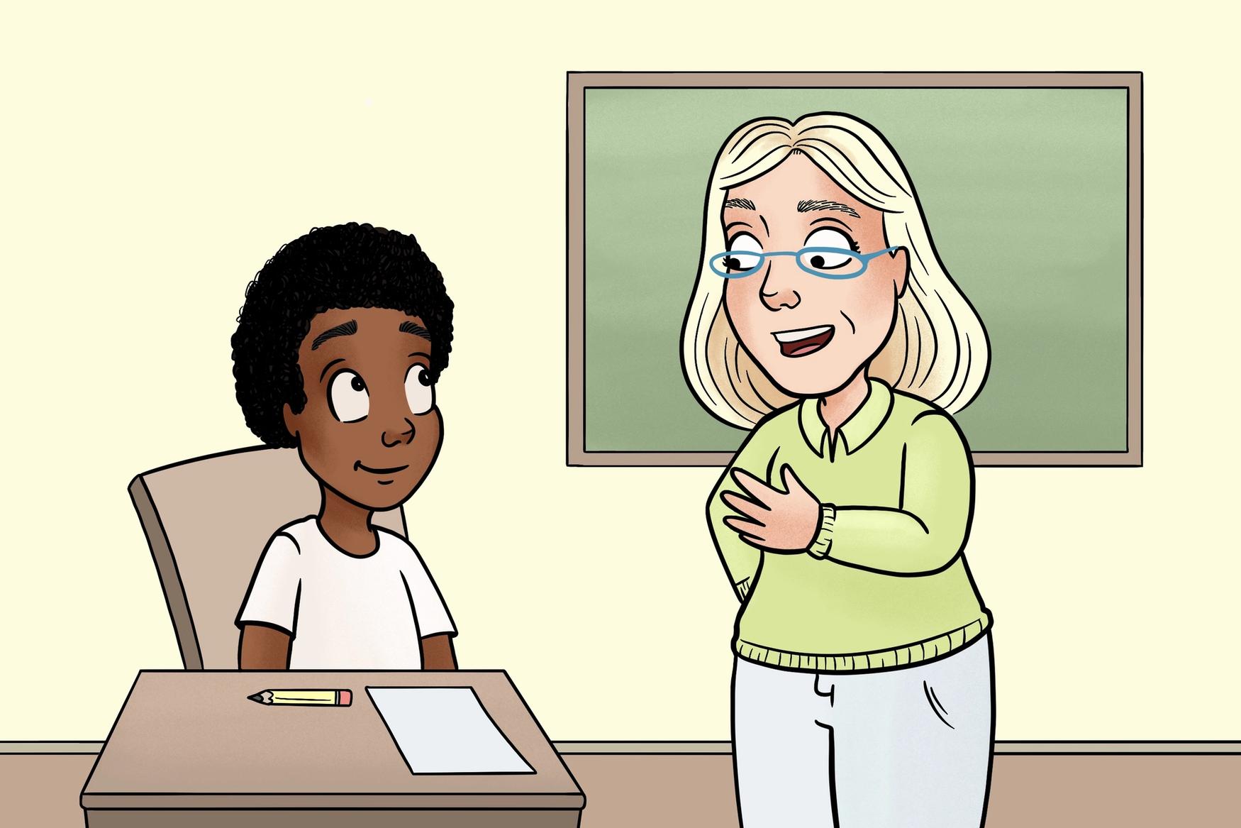 Tegning av en lærer og en elev i et klasserom