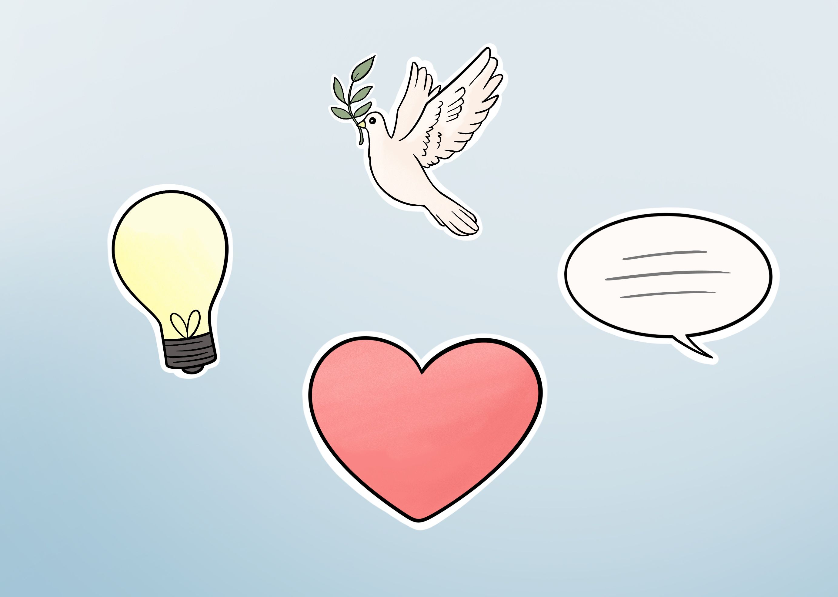En tegning av en fredsdue, et hjerte, en lyspære og en snakkeboble.