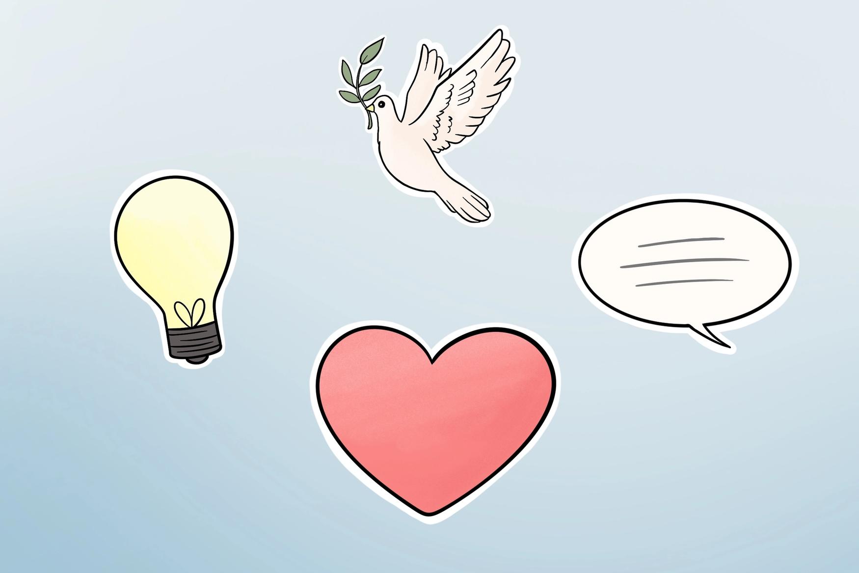 En tegning av en fredsdue, et hjerte, en lyspære og en snakkeboble.