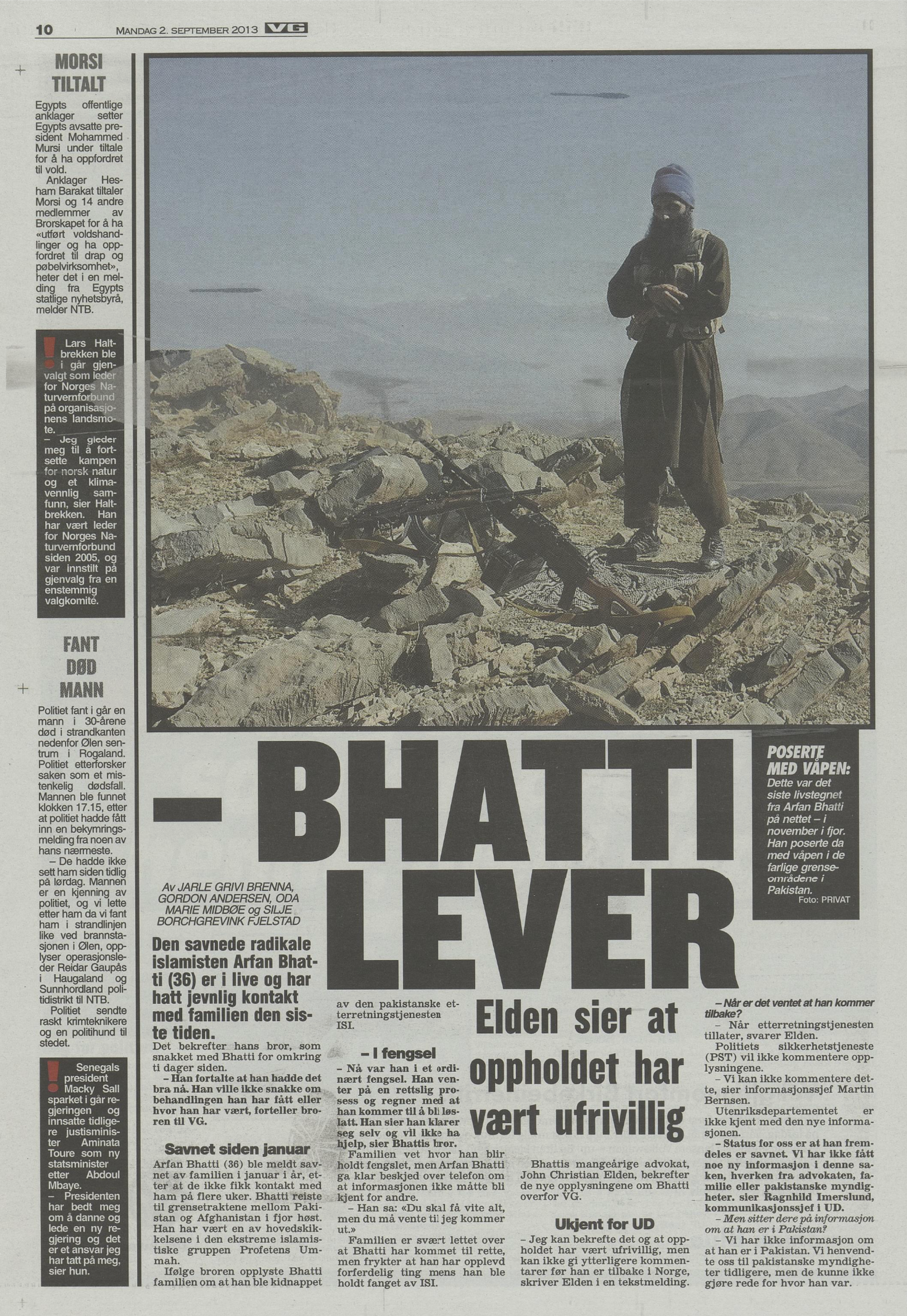 En avisside fra VG med bilde av Bhatti med våpen i fjellområdene mellom Pakistan og Afghanistan.