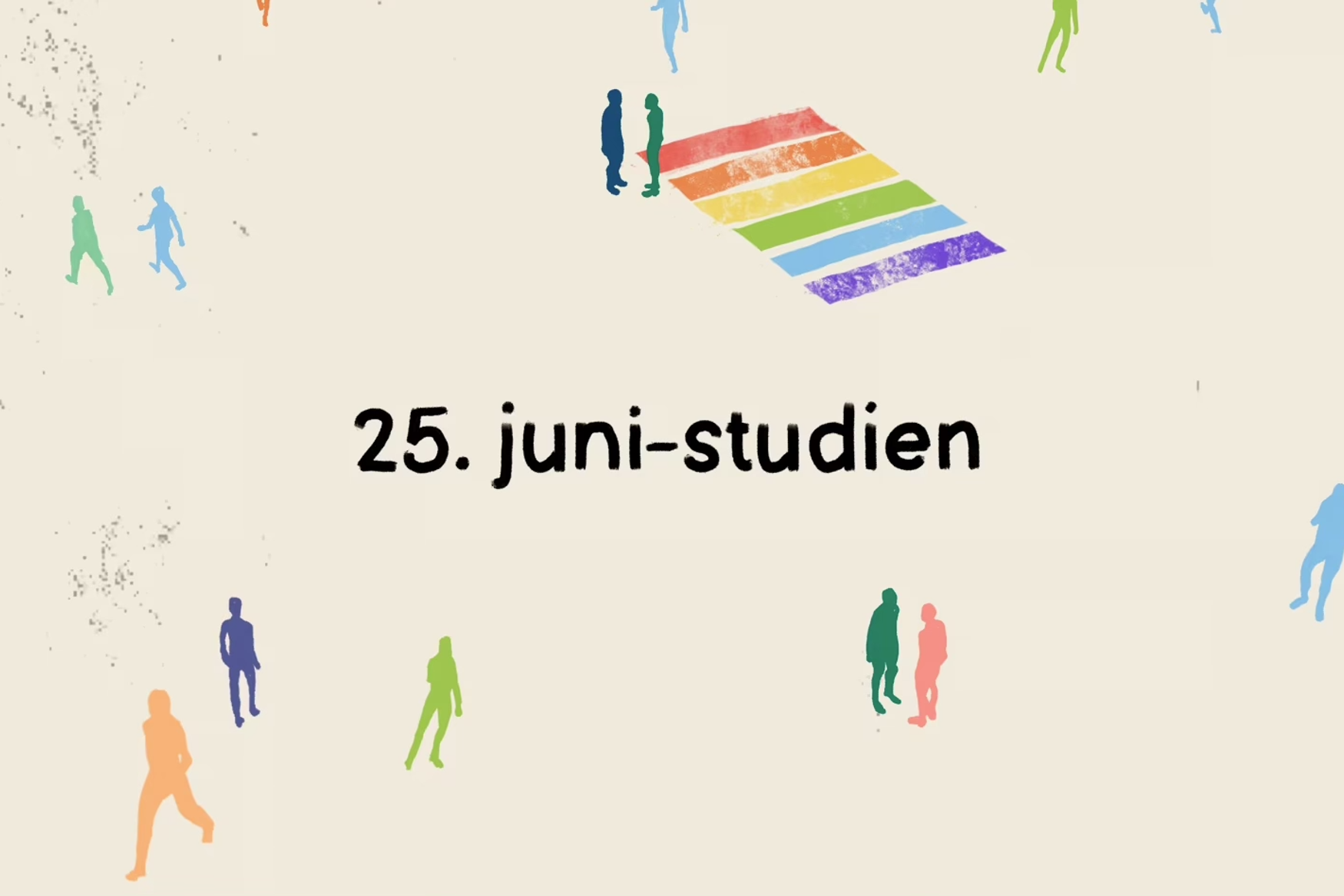 Illustrasjon med små mennesker i ulike farger, et gangfelt i regnbuefarger og tittel 25. juni-studien