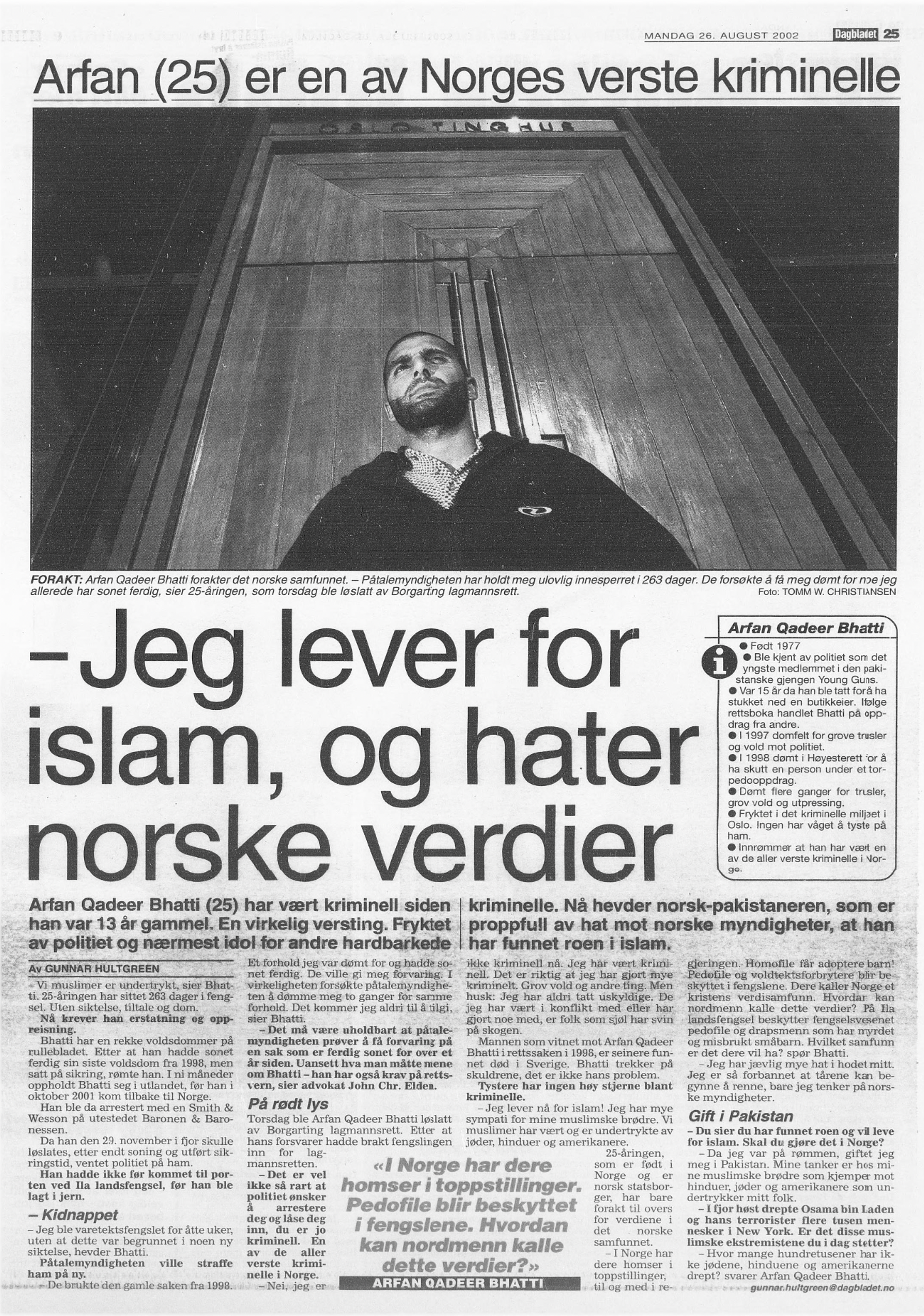 Faksimile av avisside fra Dagbladet der Arfan Bhatti er intervjuet.