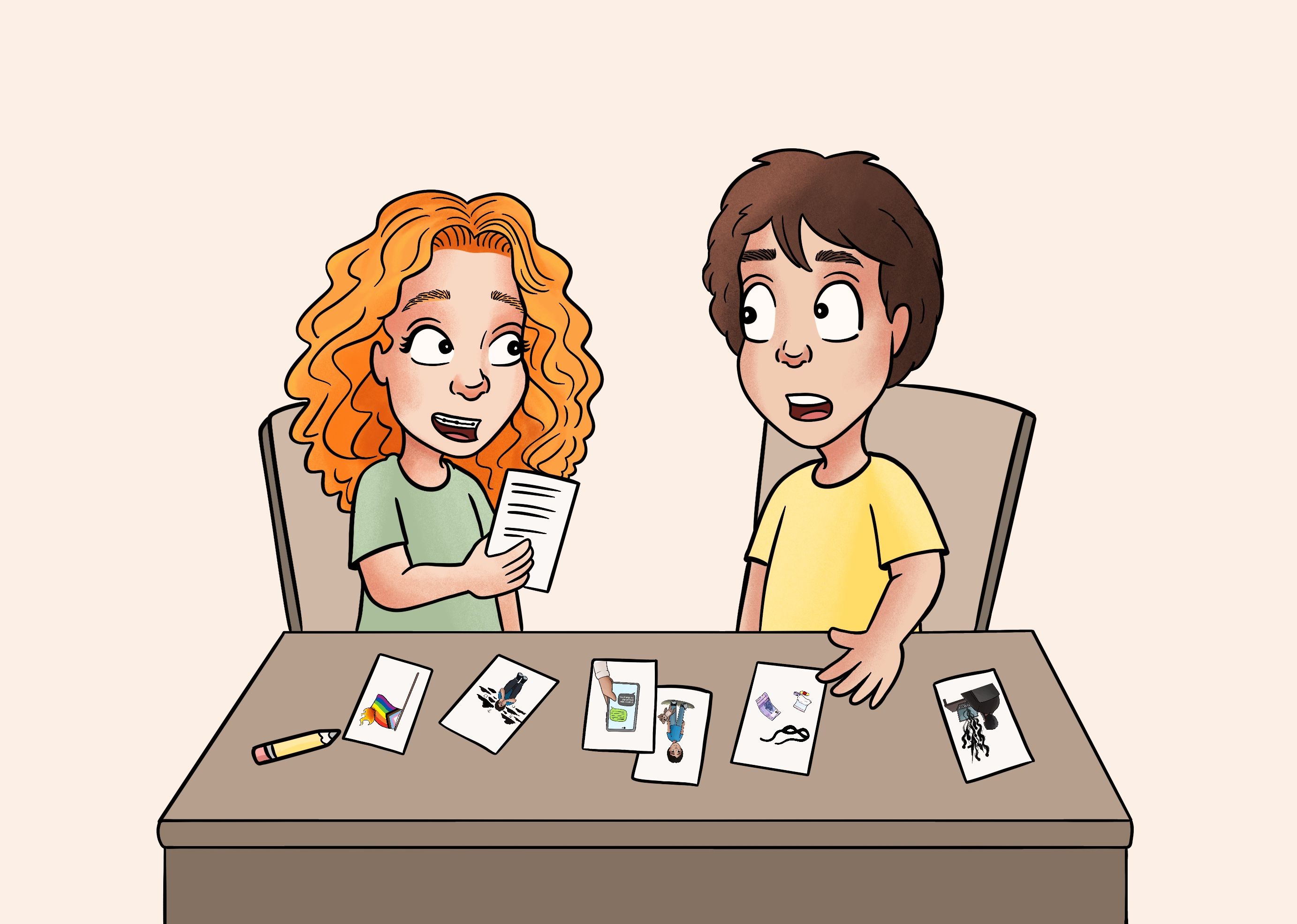 Tegning av to elever som sitter ved en pult og sorterer kort