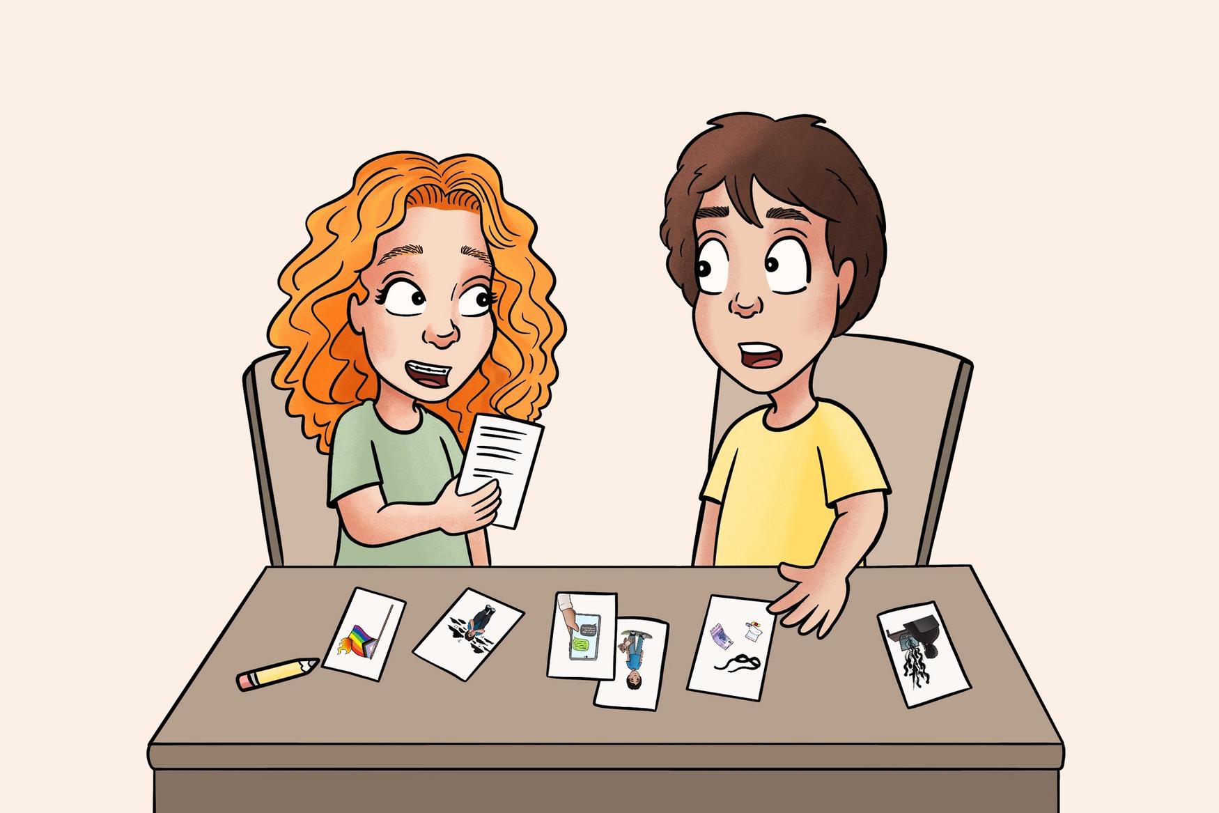 Tegning av to elever som sitter ved en pult og sorterer kort