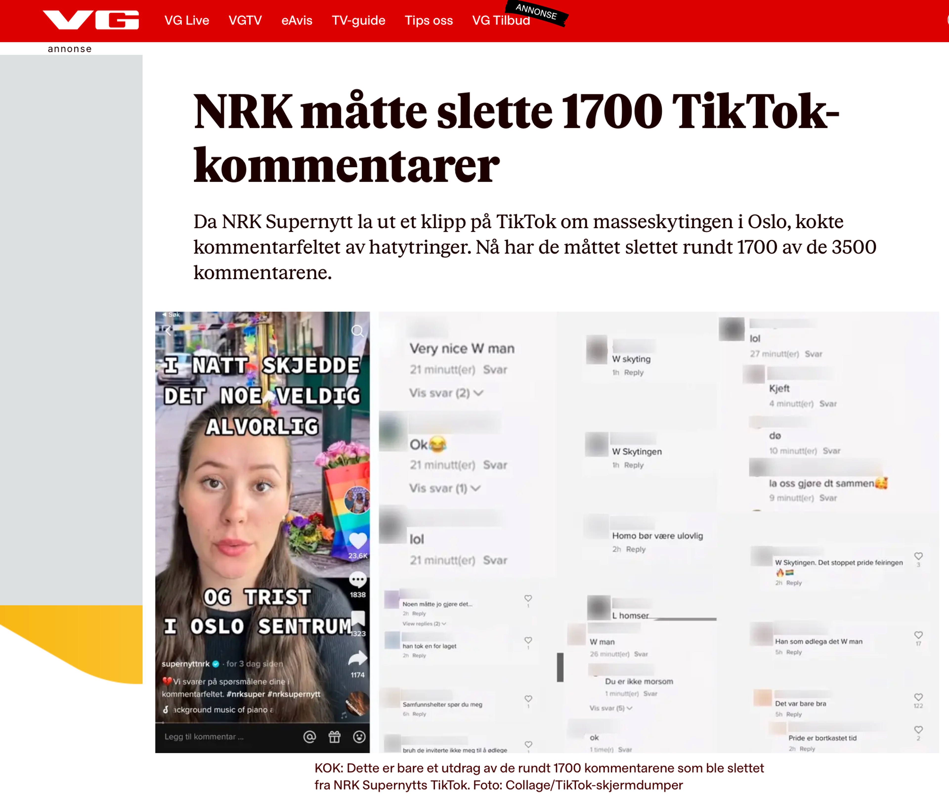 Faksimile av VG nett. Toppbildet er av NRKs TikTok-video og sladdede kommentarer fra kommentarfeltet.