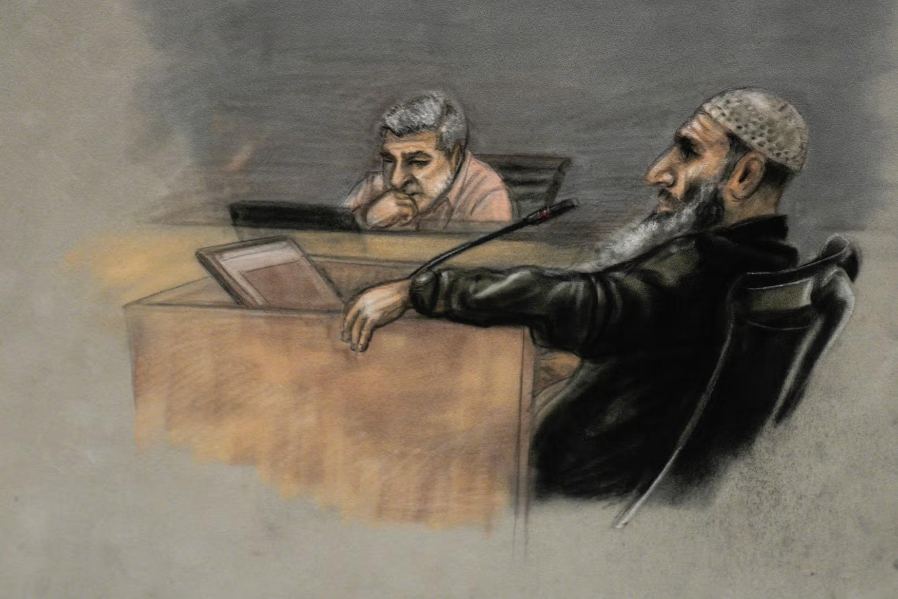Rettstegning fra rettssaken mot Arfan Bhatti i Oslo tingrett. Tegningen viser Zaniar Matapour i vitneboksen og Arfan Bhatti i bakgrunnen