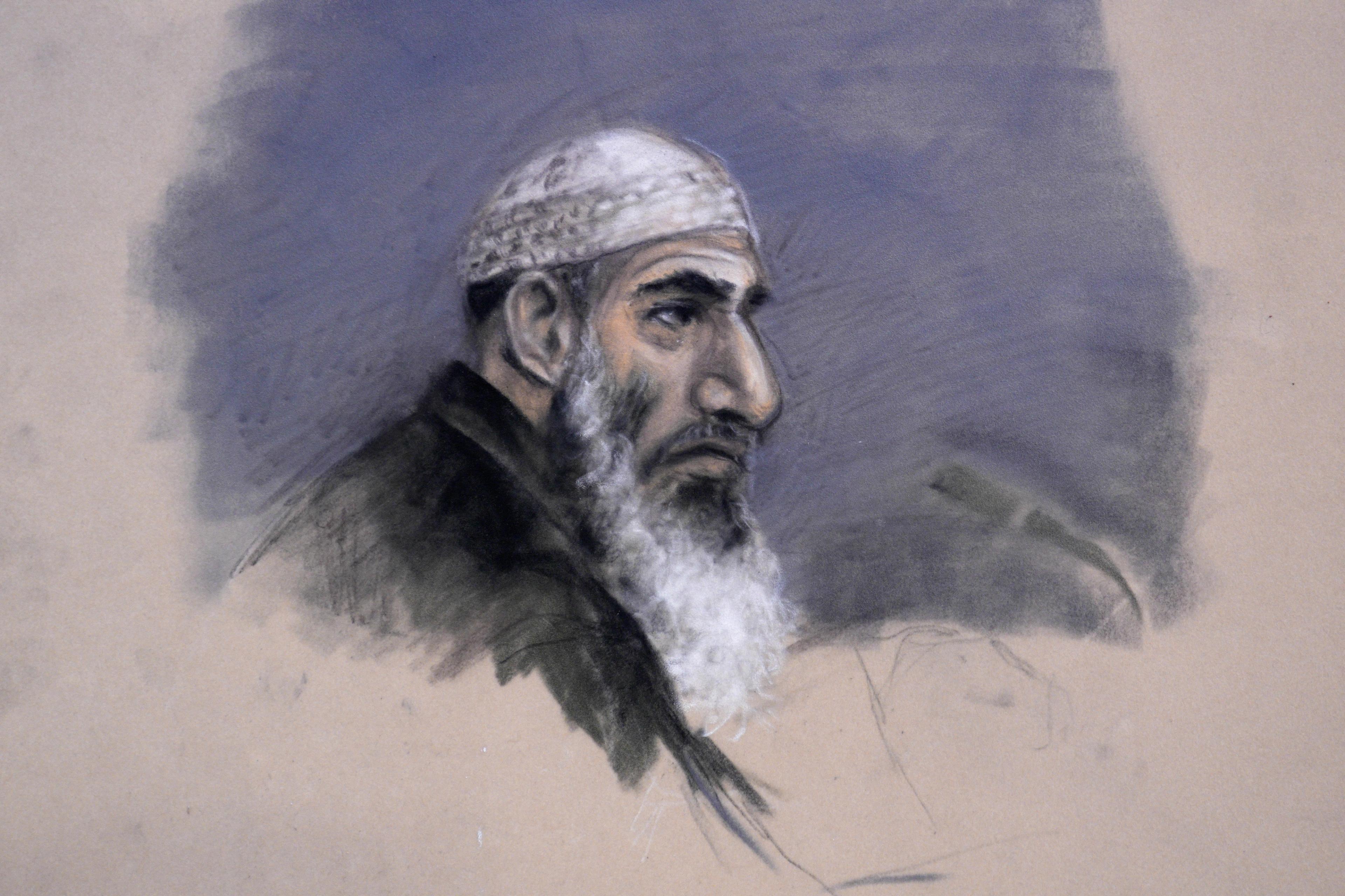 Rettstegning av Zaniar Matapour med bønnelue og stort skjegg. Han har et sint ansiktsuttrykk.