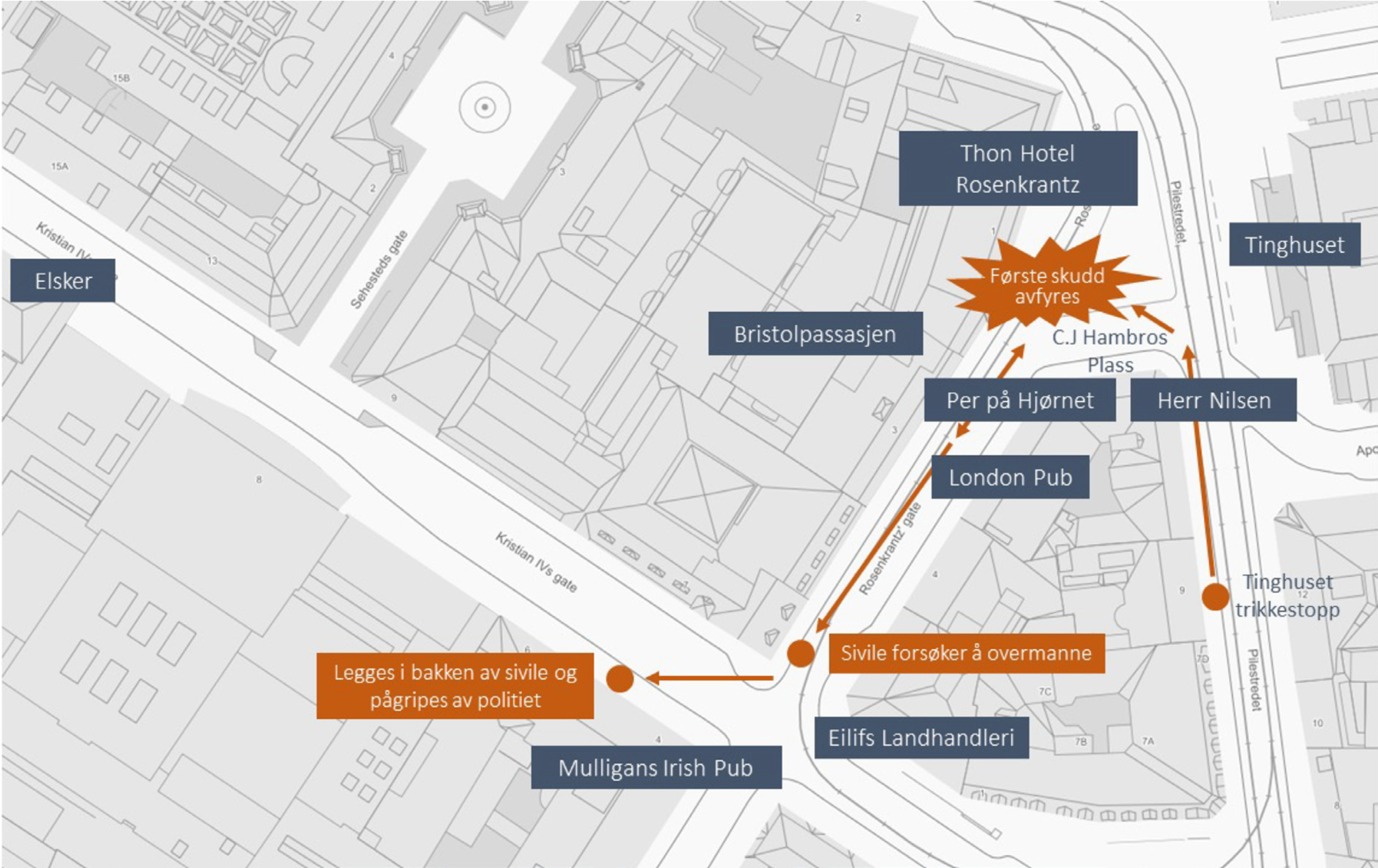 Kart over Rosenkrantz' gate og området rundt med viktige steder markert.