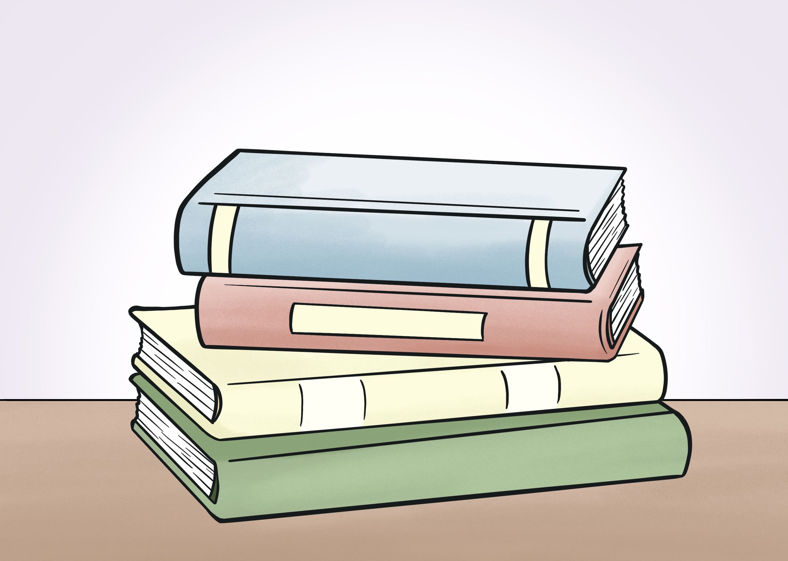 Tegning av en stabel bøker.