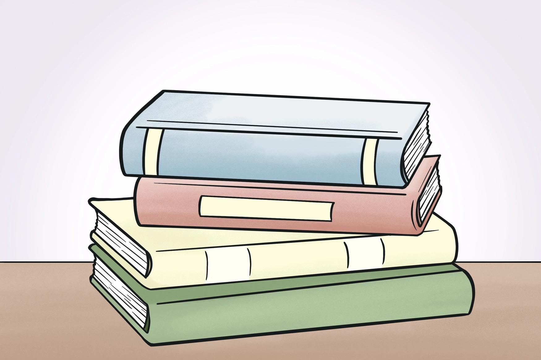 Tegning av en stabel bøker.