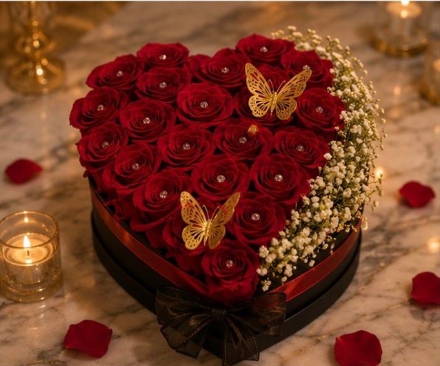 Elegante arreglo en forma de corazón con rosas rojas premium,mariposas y diamantes.