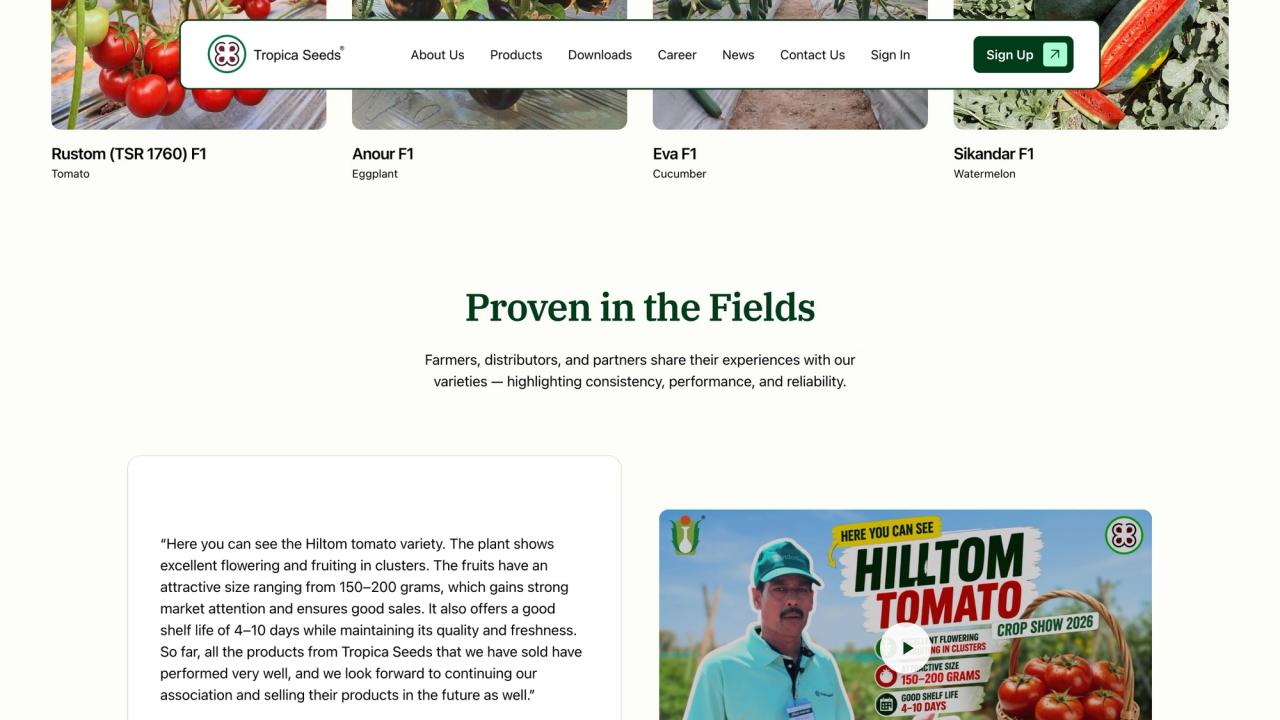 Proven in the Fields testimonial section with a quote and a video from a distributor