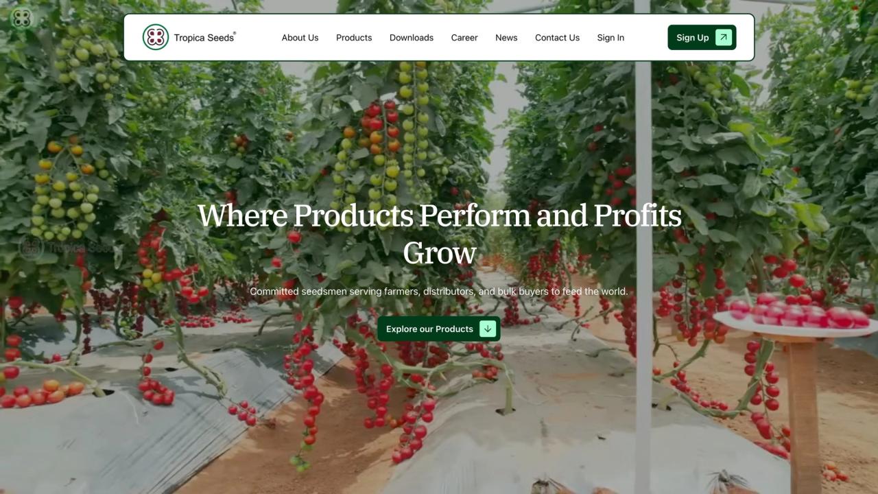 Tropica Seeds homepage hero: “Where Products Perform and Profits Grow” over a field of tomato plants