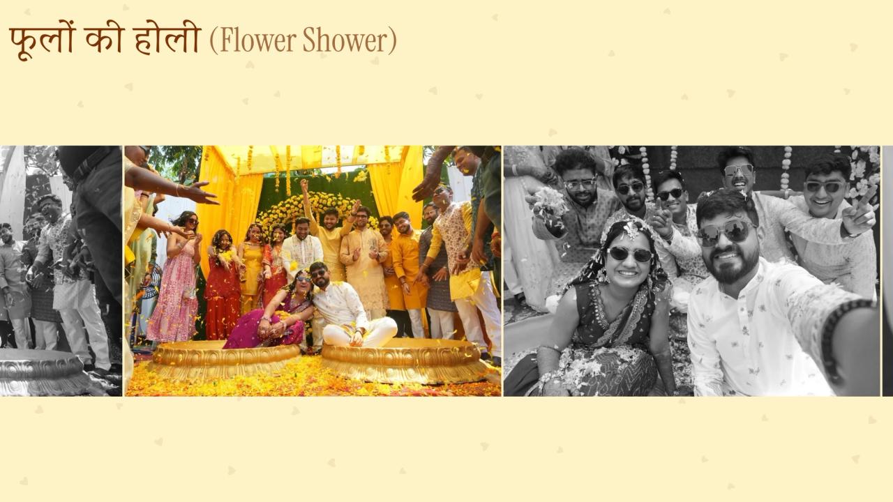 Haldi flower shower photo reel on a yellow background
