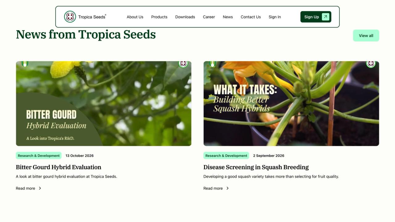 News from Tropica Seeds section with two R&D articles on bitter gourd and squash hybrids