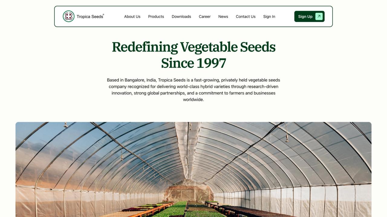 Tropica Seeds About page: “Redefining Vegetable Seeds Since 1997” above a polyhouse nursery