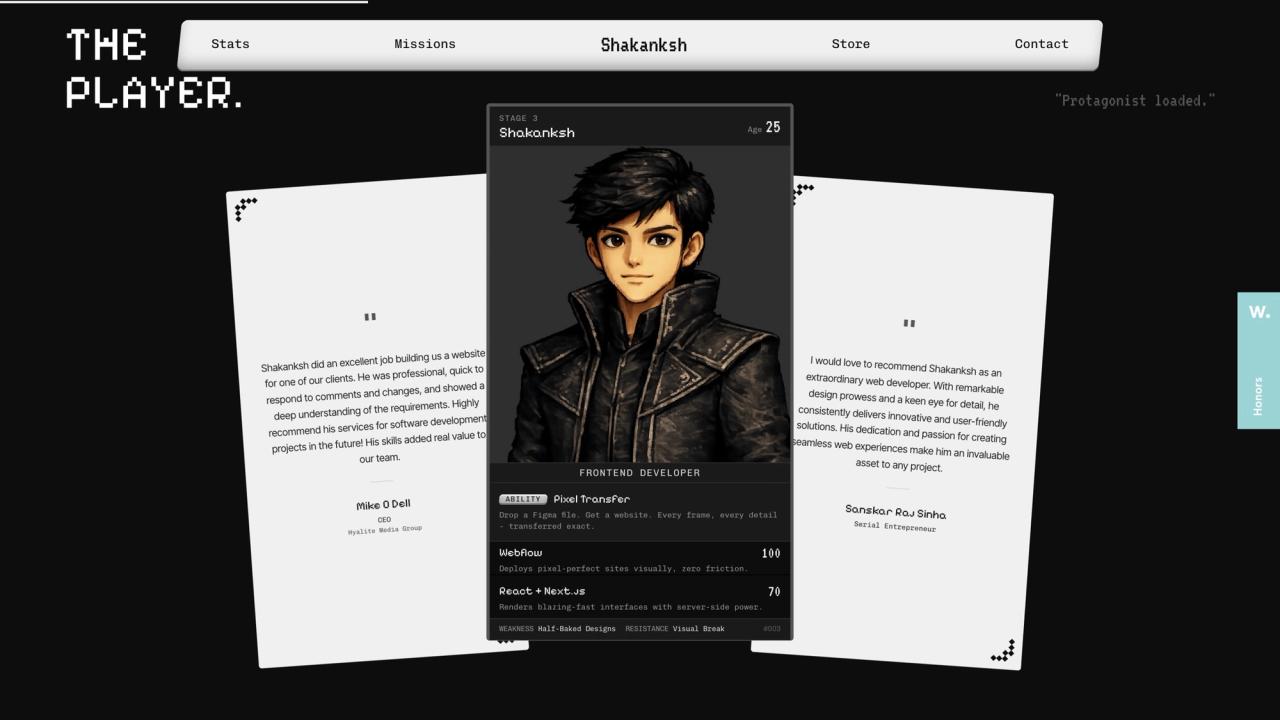 The Player section: a pixel-art character card for Shakanksh flanked by two testimonial cards