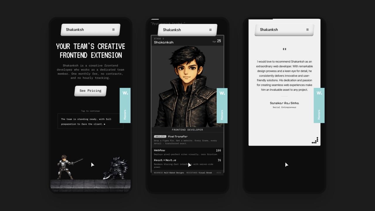Three mobile screens: the hero battle scene, the character card and a testimonial card