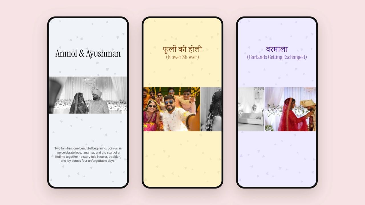 Three mobile screens: the opening, the Haldi flower shower and the varmala