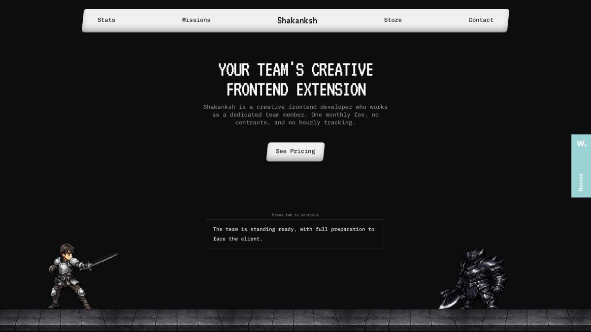 Shakanksh portfolio hero: “Your team’s creative frontend extension” above a pixel-art knight facing a boss