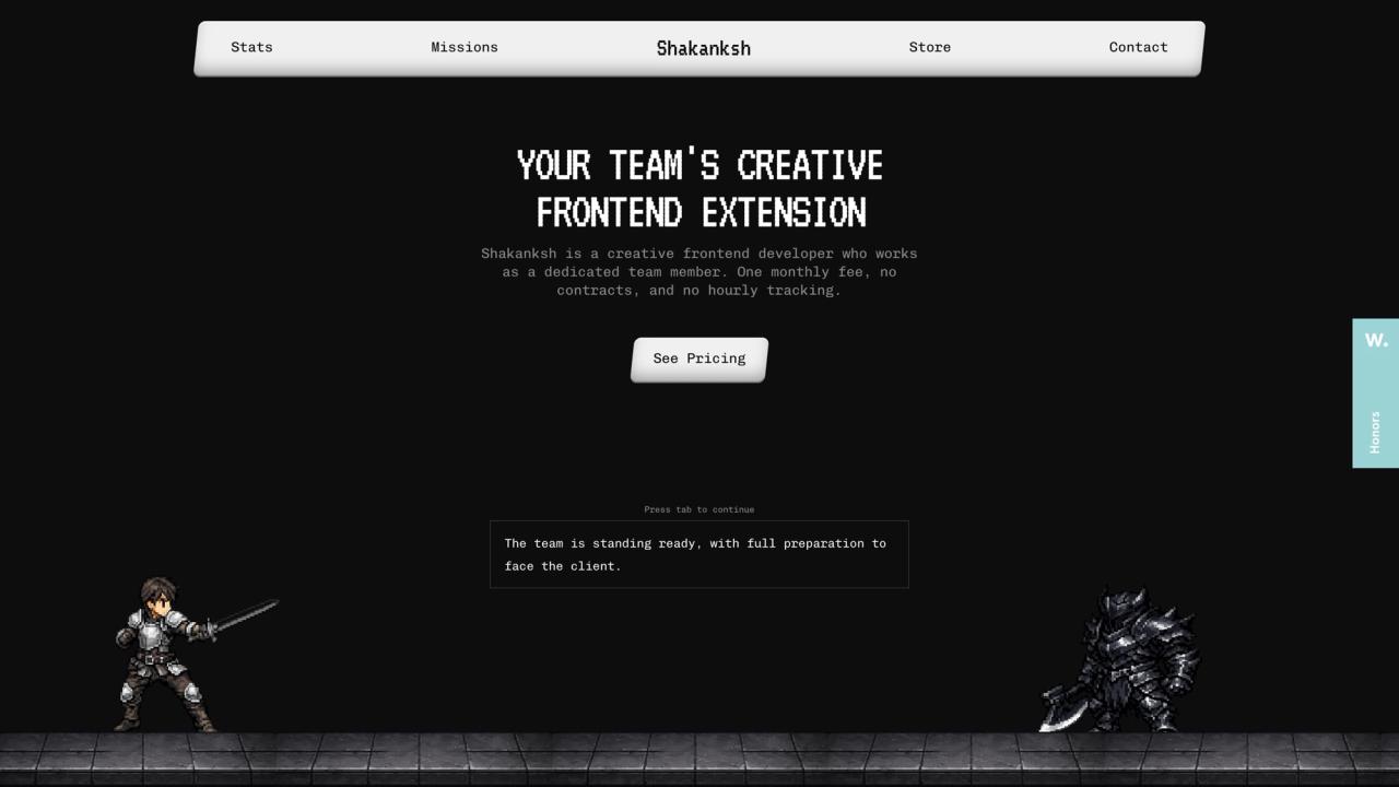 Shakanksh portfolio hero: “Your team’s creative frontend extension” above a pixel-art knight facing a boss