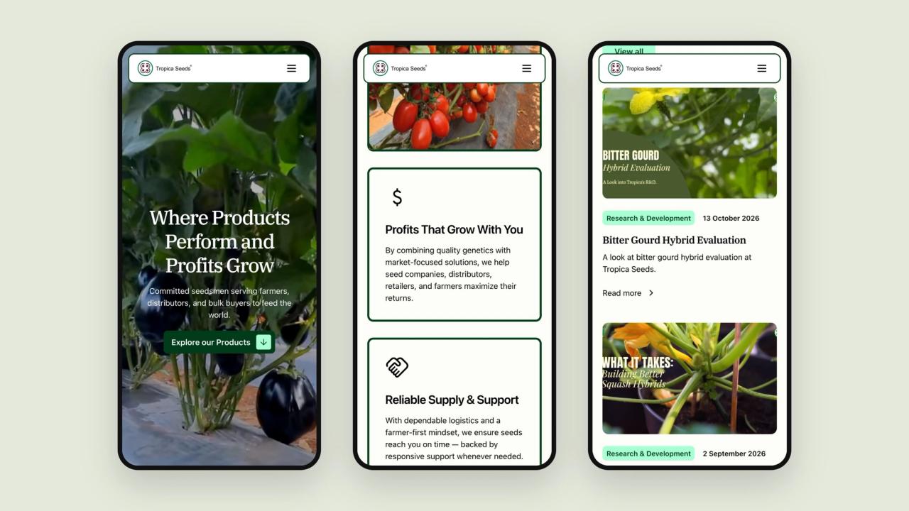 Three mobile screens of the Tropica Seeds website