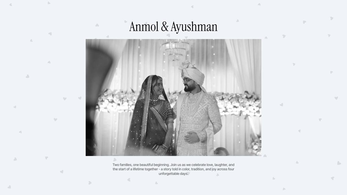 Anmol & Ayushman website opening screen with a black and white photo of the couple