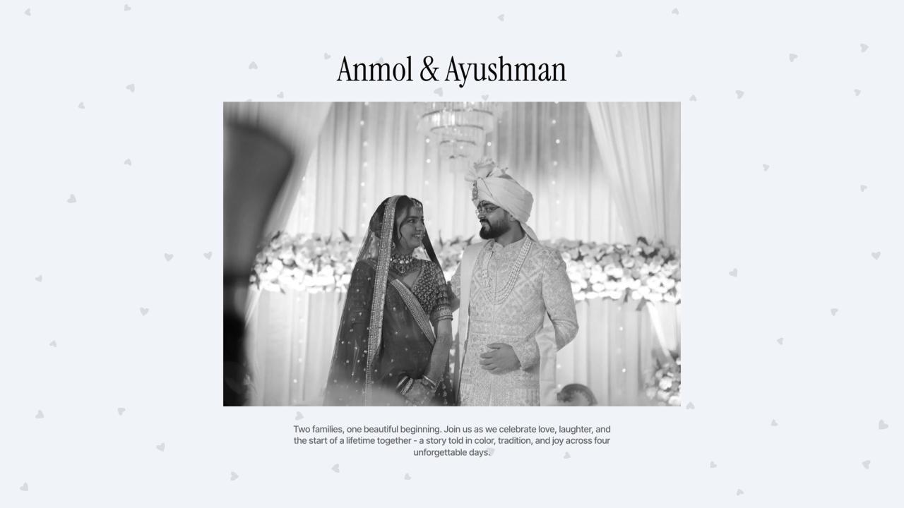 Anmol & Ayushman website opening screen with a black and white photo of the couple