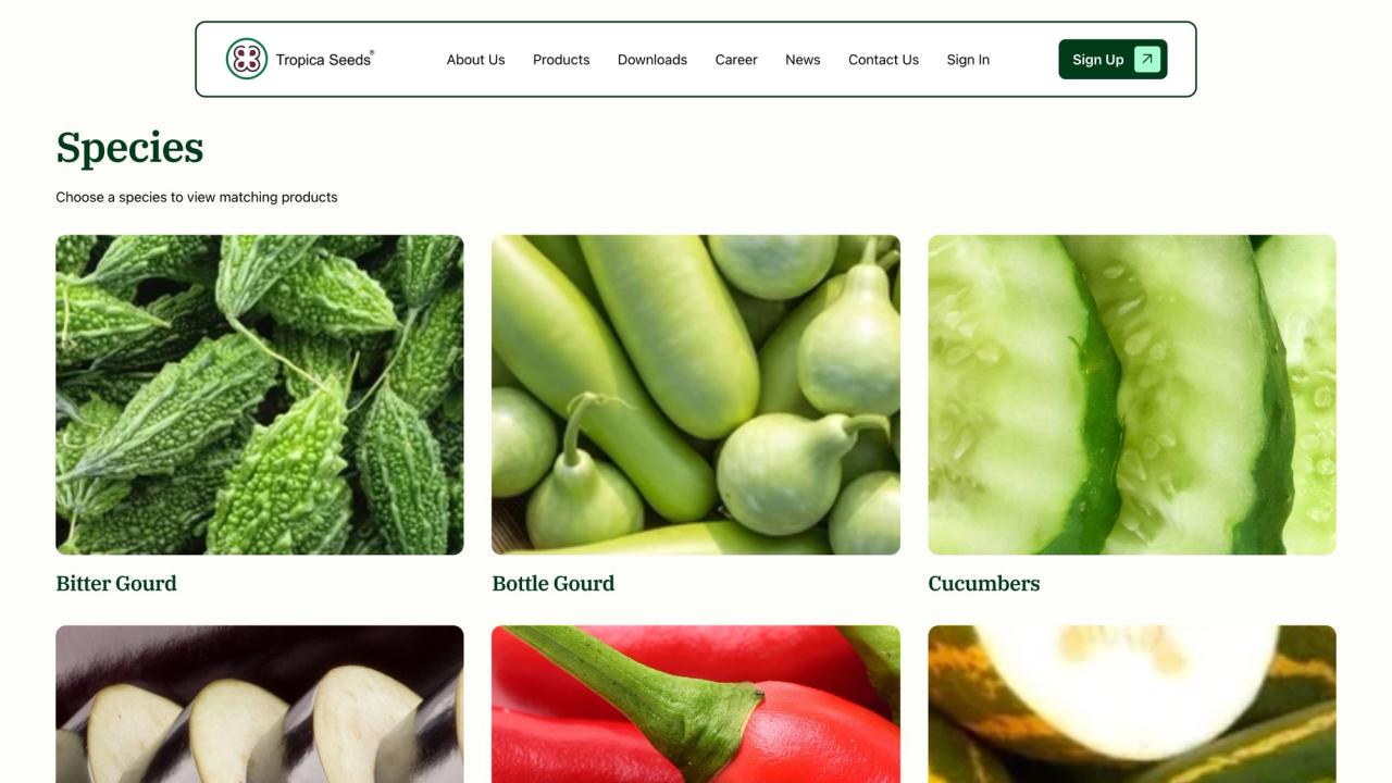 Products page with a grid of crop species: bitter gourd, bottle gourd, cucumbers