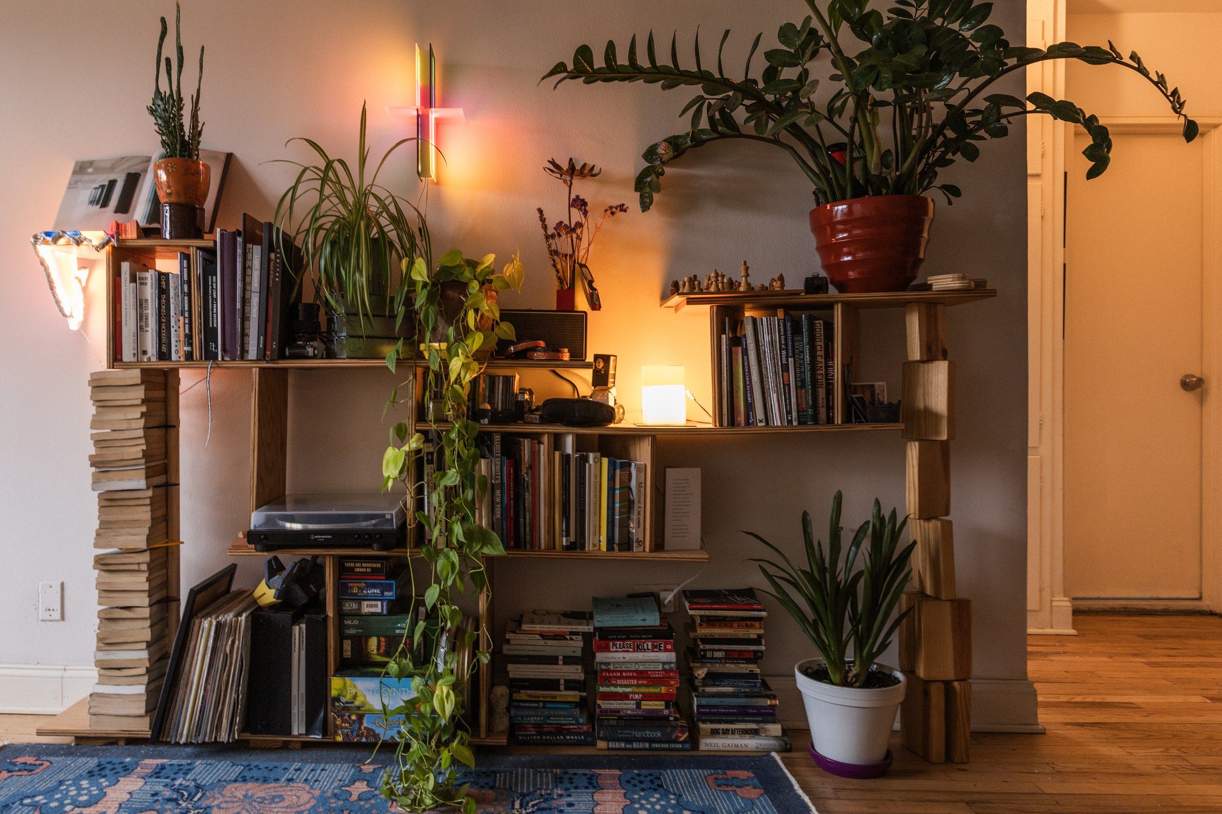A tall wooden shelving unit against a wall, holding books and plants, with a warm light glowing from one of its compartments.