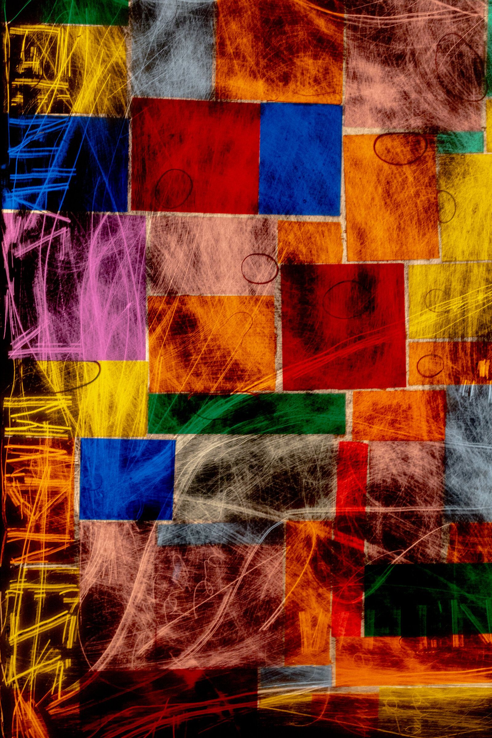 Detail crop of genius madness mirror: a portion of the colored squares visible through layered white scratched marks