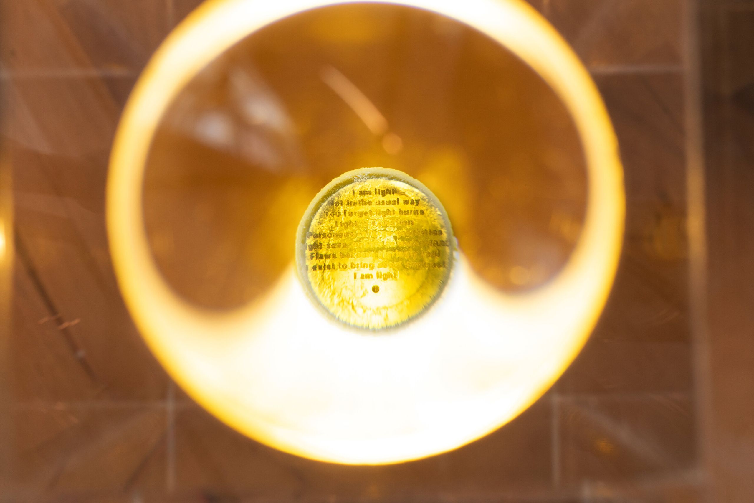 Close-up through the lens of internal artifact: the magnified poem held in a warm yellow halo, text suspended at center with the wooden floor visible beyond