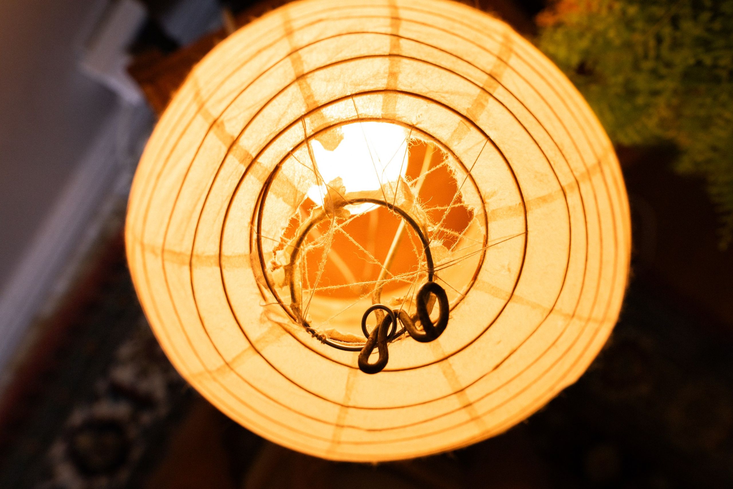 The lit Akari lantern from the front, its torn paper mended with dark seams that loop across the glowing surface.