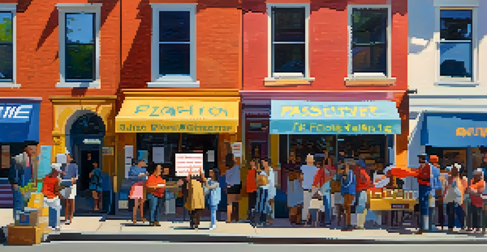 A lively campaign scene in Boston with diverse voters and colorful banners promoting progressive candidates, all under warm sunlight.