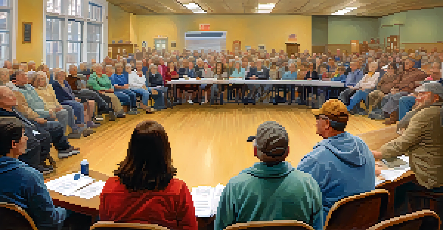 A town hall meeting in Massachusetts with residents seated in a circle, listening to a speaker in a warmly lit room.