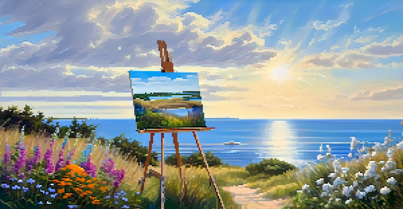 An artist painting outdoors in Cape Cod, with a view of the ocean, wildflowers, and a sunny sky.