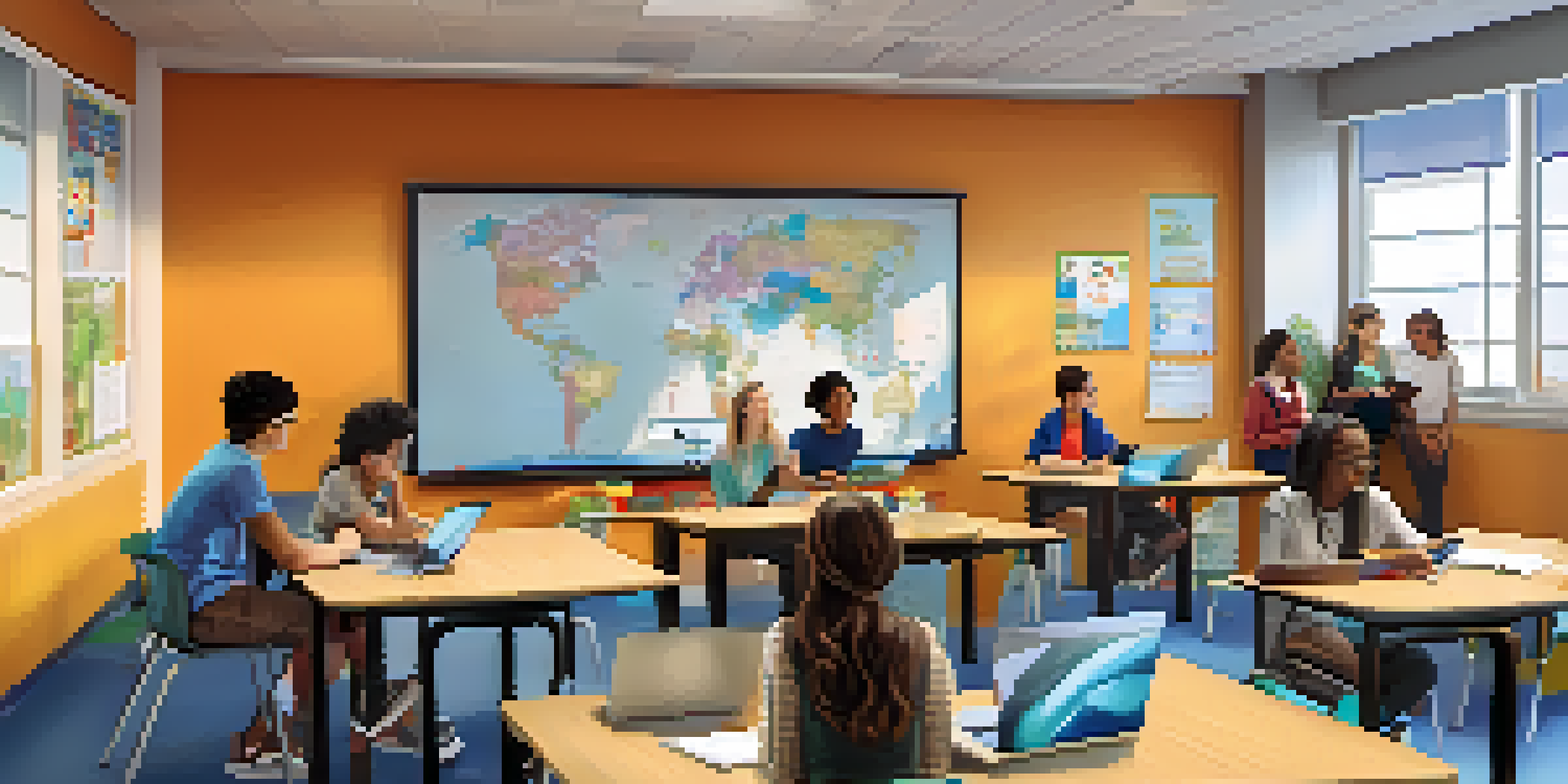 A modern classroom with students of diverse backgrounds engaged in blended learning, featuring interactive whiteboards and laptops in a brightly lit environment.