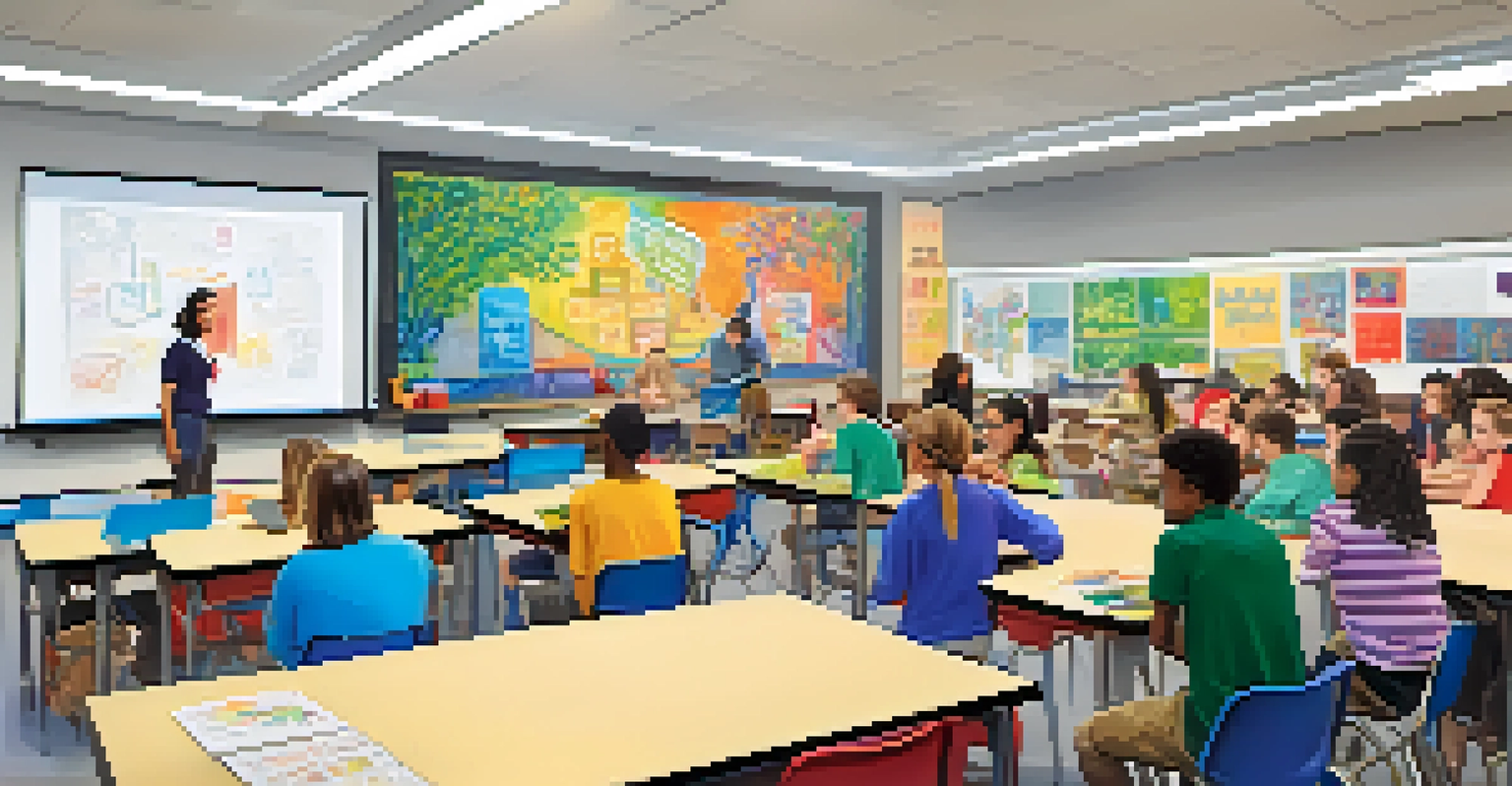 A diverse classroom in Massachusetts with students actively participating in a learning session, surrounded by colorful educational materials and technology.