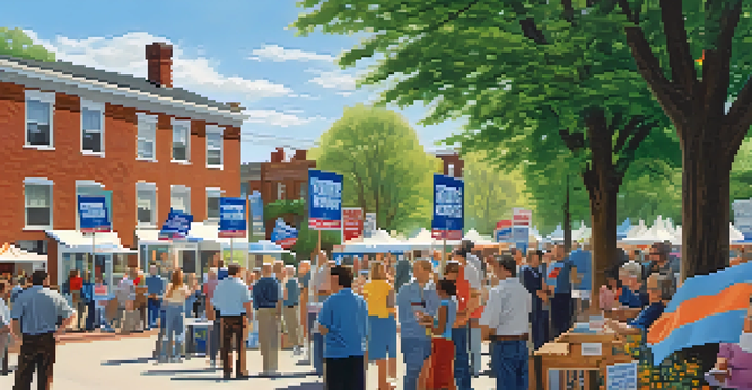 A vibrant town square during a local election in Massachusetts, showcasing diverse voters interacting and campaign signs.