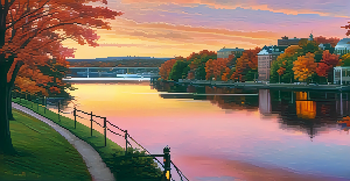 A sunset view of Massachusetts' skyline with a mix of historic and modern buildings, trees with autumn leaves, and the Charles River reflecting the sky's colors.