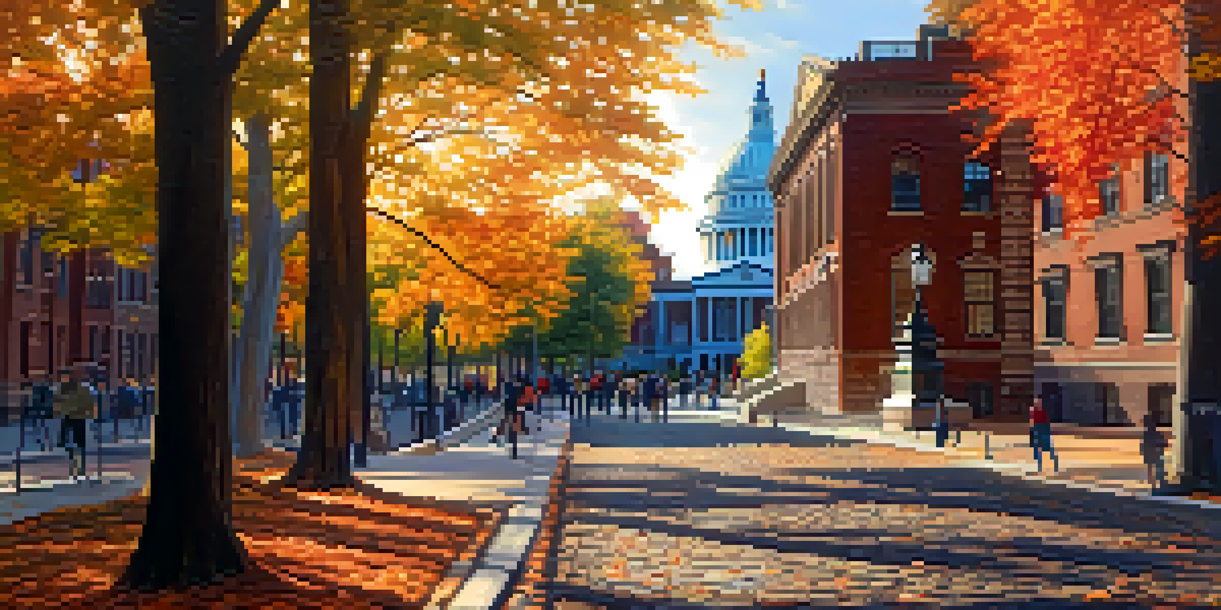 A picturesque scene of Boston's Freedom Trail with cobblestone paths, autumn trees, and the Massachusetts State House in the background.
