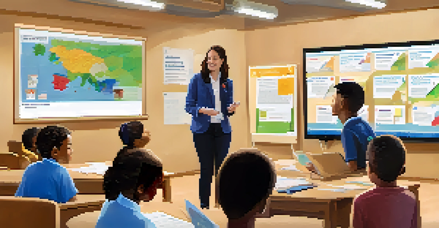 A young student in a classroom participating in a civic education workshop about the voting process, with a teacher presenting.
