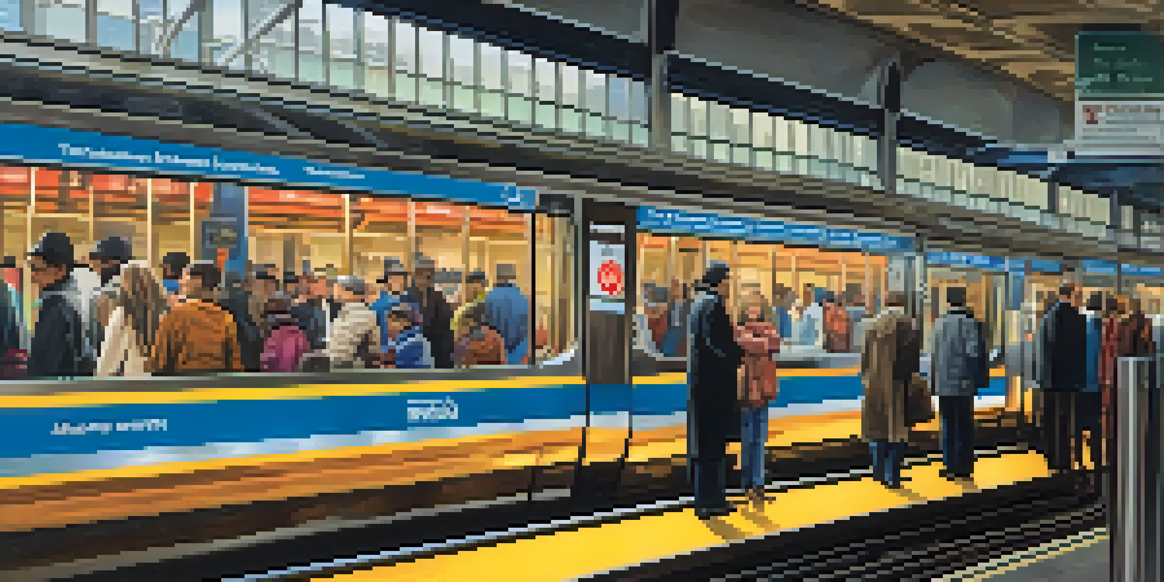 A busy subway station in Massachusetts with people waiting for trains, colorful signage, and bright lighting.