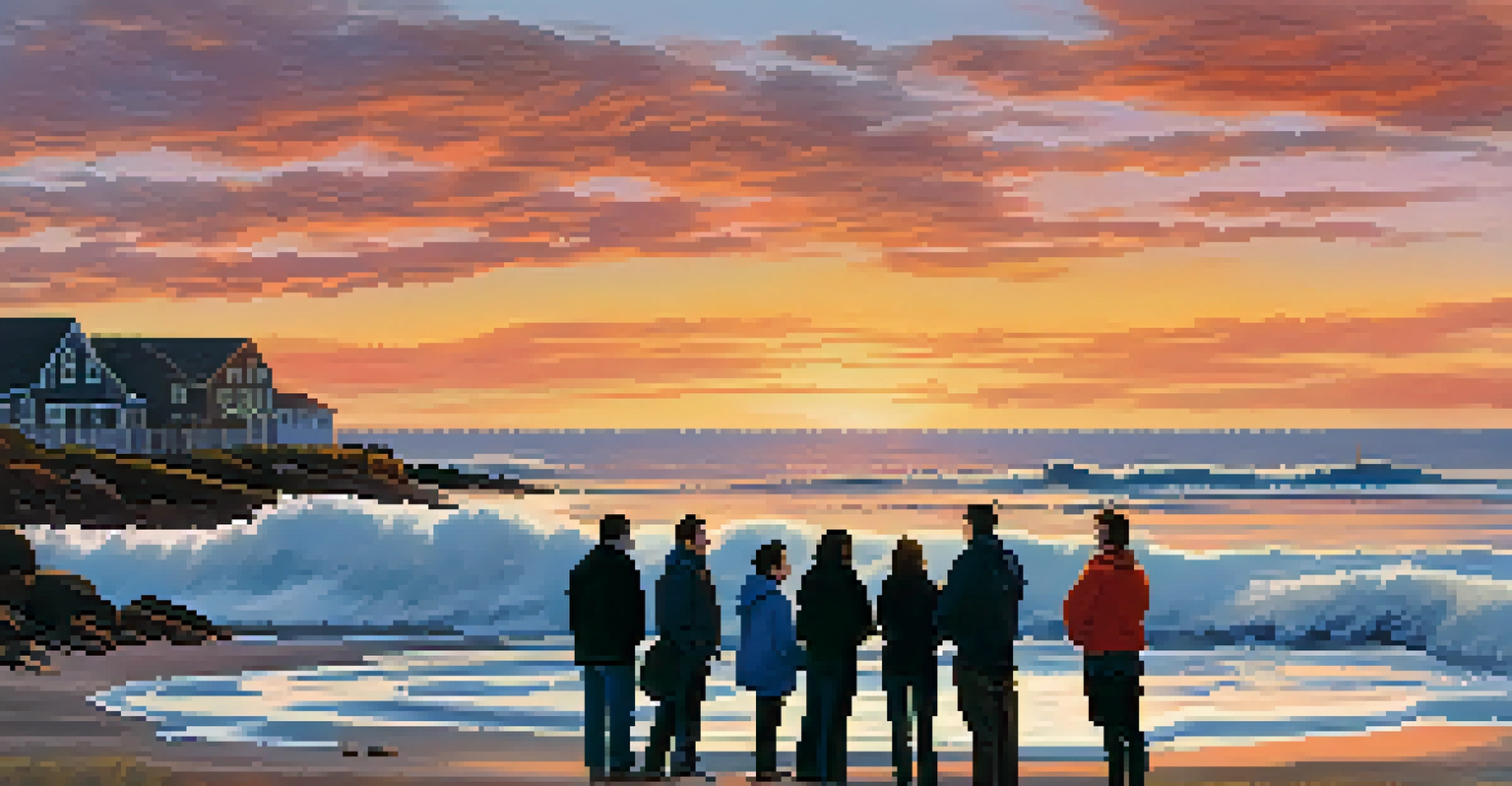 A peaceful coastal landscape in Massachusetts at sunset with activists holding signs for climate change awareness.