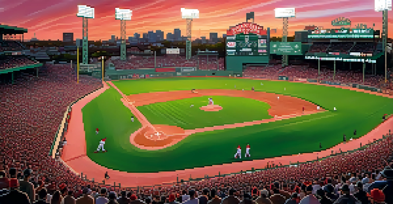 Aerial view of Fenway Park filled with fans during a Red Sox game at sunset.