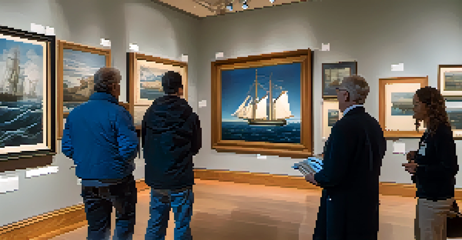An exhibit at the Peabody Essex Museum featuring maritime-themed art and artifacts, with visitors exploring the installation.