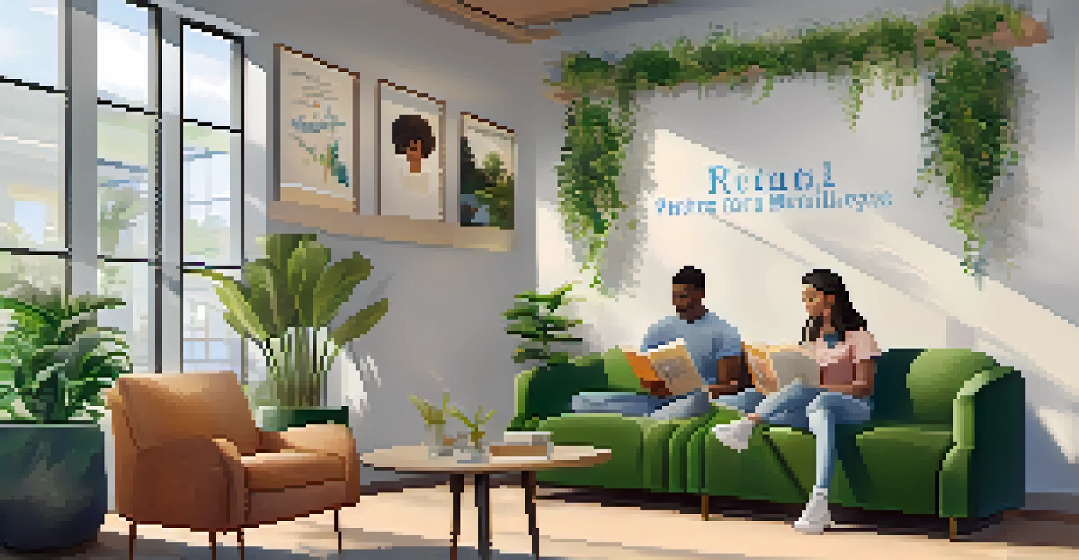 A serene study space promoting mental health and wellbeing, with comfortable seating, plants, and students reading in a calm atmosphere.